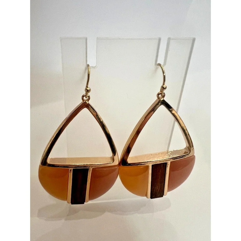 Uncas Int Gold Blush Wine Dangle Earrings Resin Wood Earth Tones Vendor Sample‎